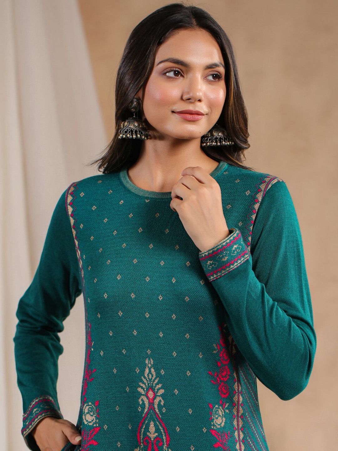 Warm Green Acrylic Ethnic Motif Printed Kurta Set with Jacquard Knitted Design and Straight Bottom