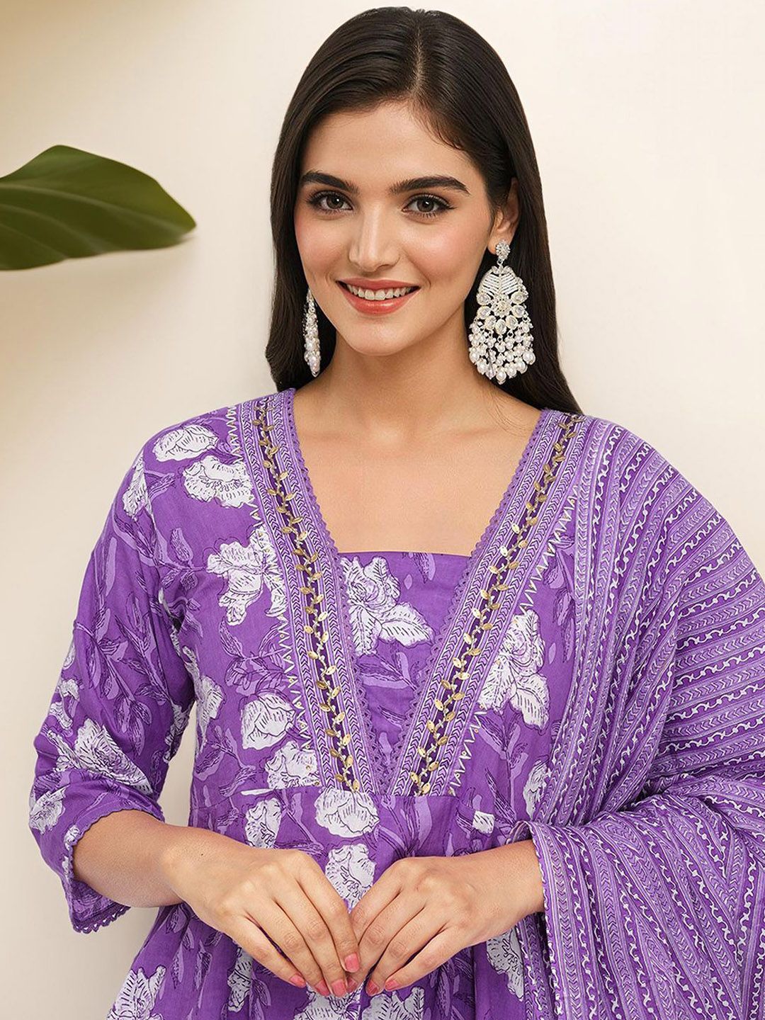 Soft Cotton Lavender Printed A-Line Kurta Set with Straight Bottom and Flowy Printed Cotton Dupatta