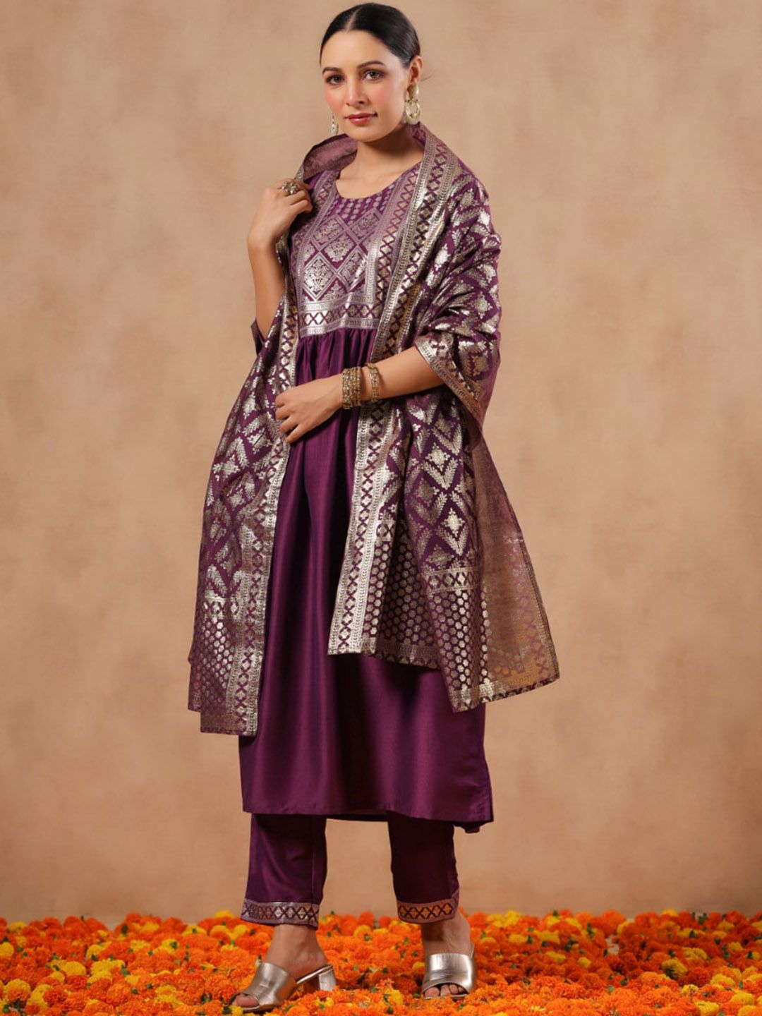 Rich Purple Poly Silk Ethnic Motif Foil Printed A-Line Kurta Set with Straight Bottom and Voile Dupatta