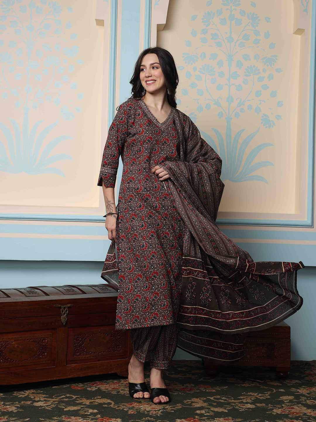 Kalamkari Printed Cotton Kurta with Trouser & Cotton Dupatta