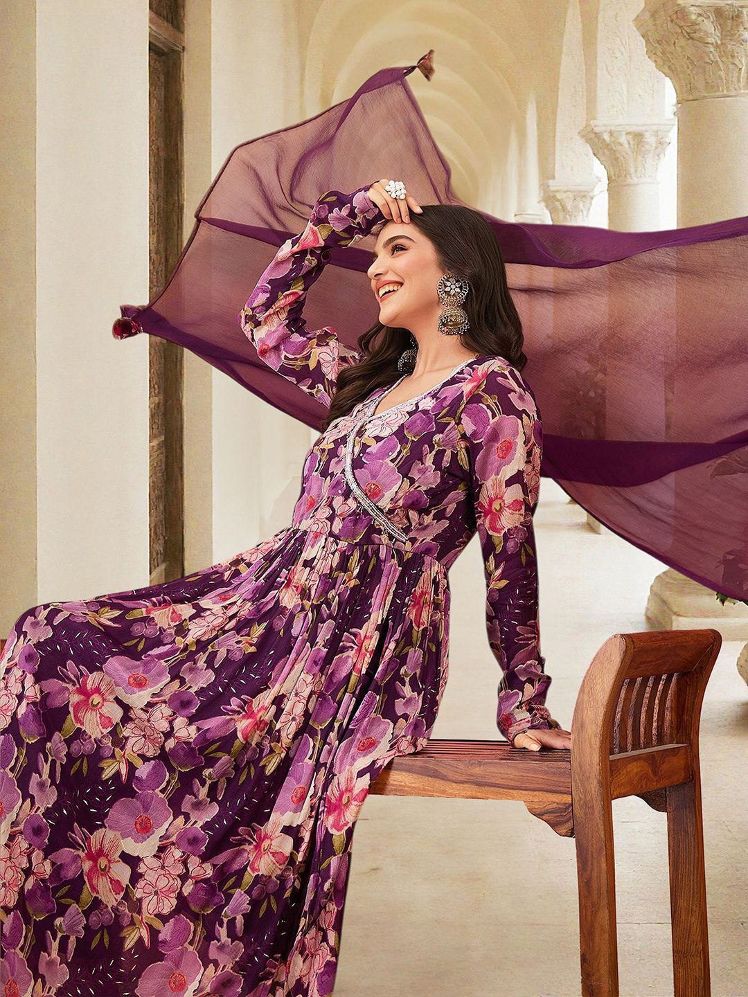 Soft Purple Chinon Sequinned Printed Angrakha Kurta Set With Straight Bottom & Solid Dupatta