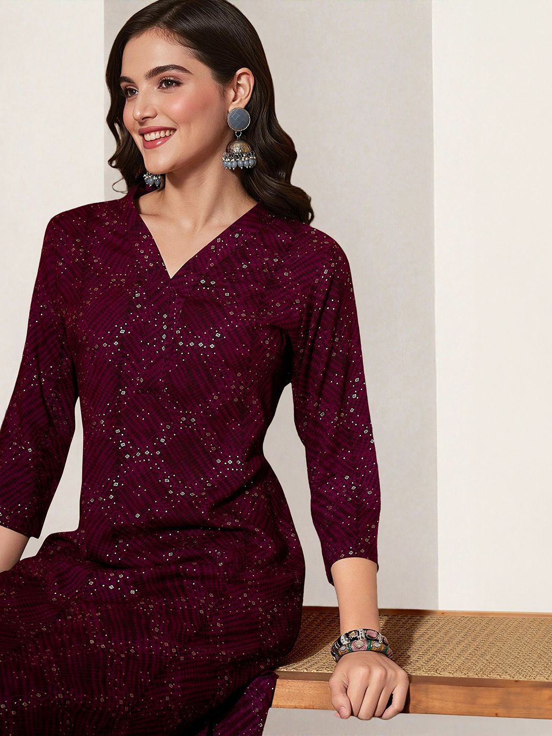 Rich Maroon Rayon Sequinned Straight Fit Kurta Set With Straight Bottom