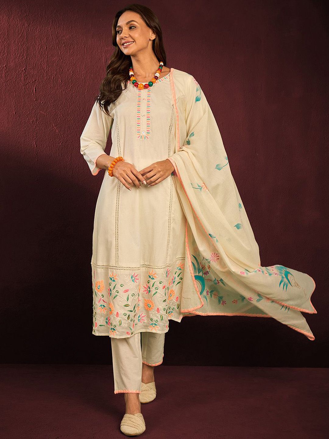 Graceful Cotton Off-white Floral Printed  Angrakha Kurta with Straight Bottom and Cotton Printed Dupatta