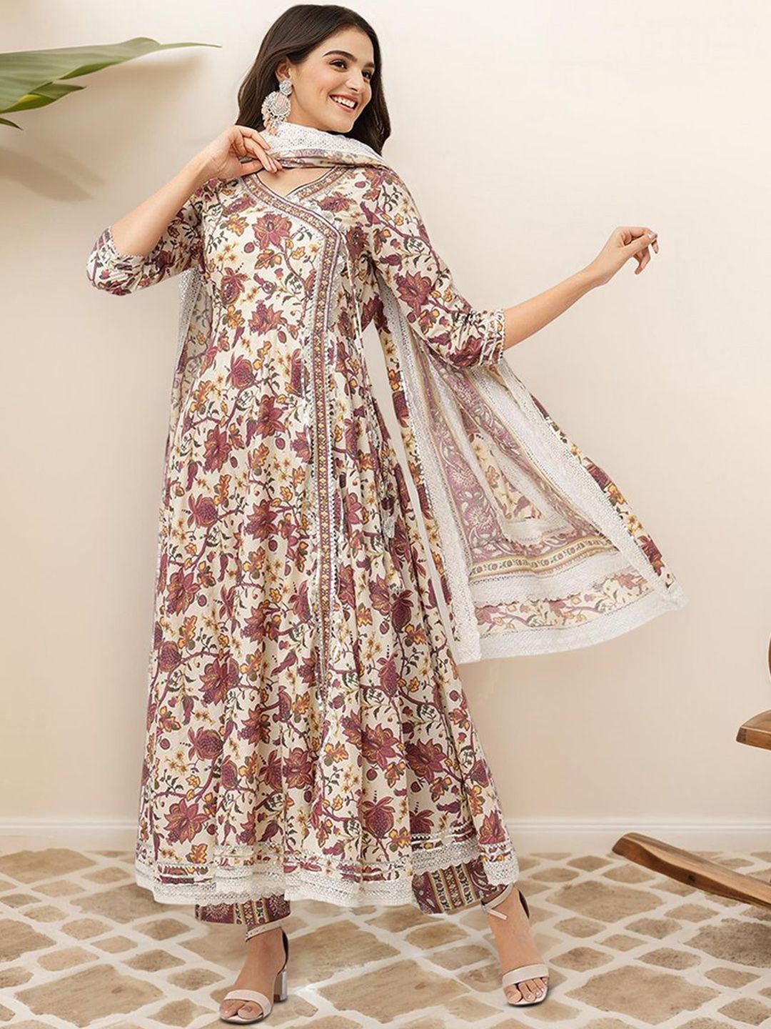 Graceful Cotton Off-white Floral Printed  Angrakha Kurta with Straight Bottom and Cotton Printed Dupatta