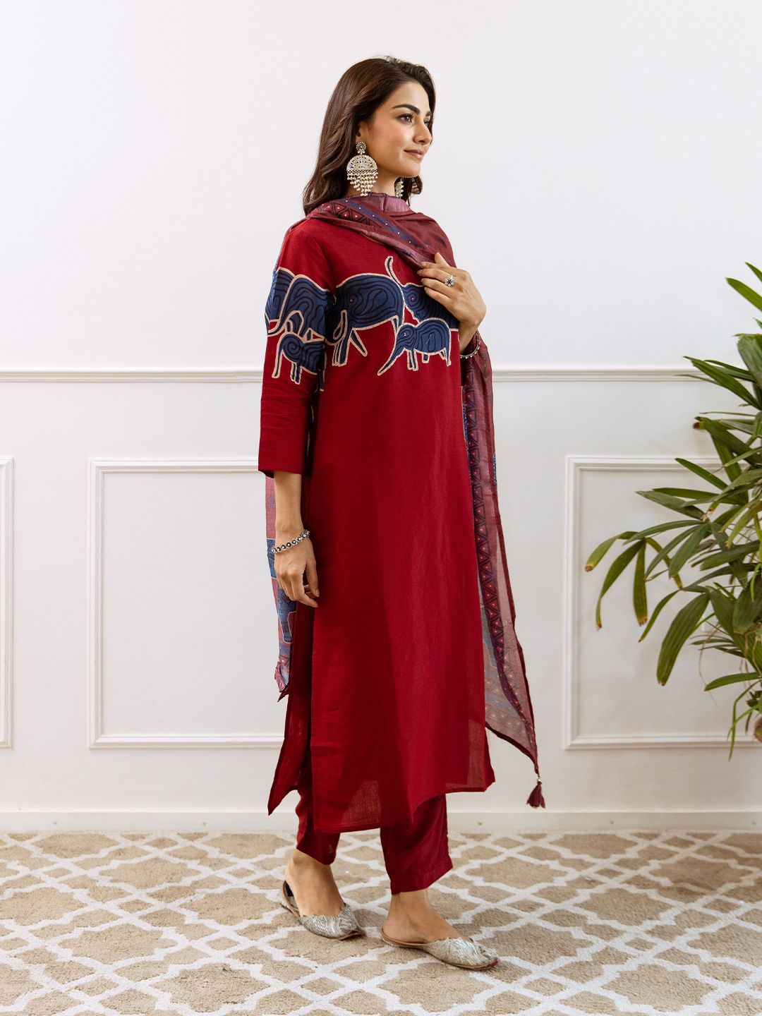 Comfy Red Pure Cotton Bold Printed Kurta Set with Straight Bottom and Printed Dupatta