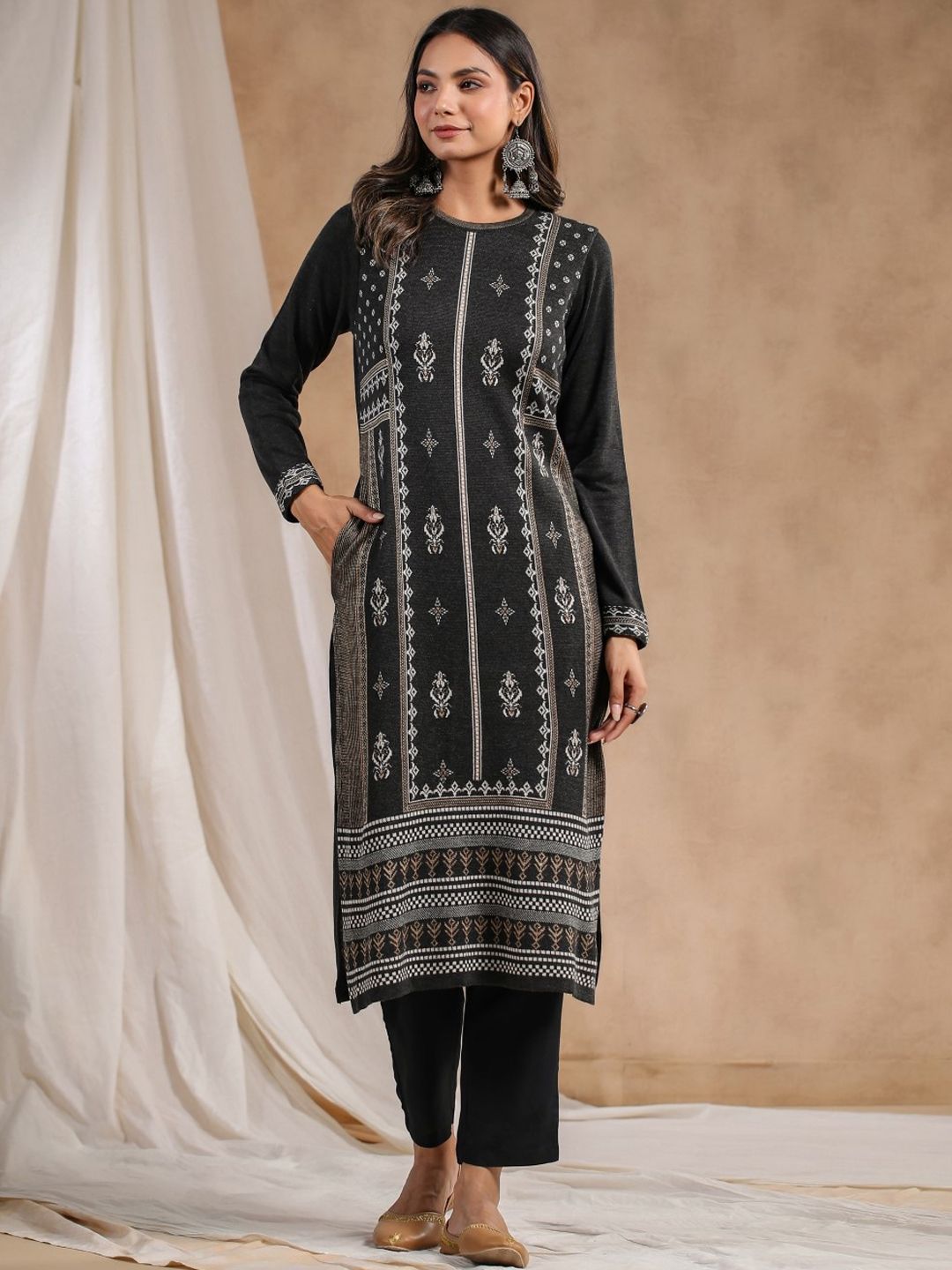 Warm Charcoal Acrylic Ethnic Motif Printed Kurta Set with Jacquard Knitted Design and Straight Bottom