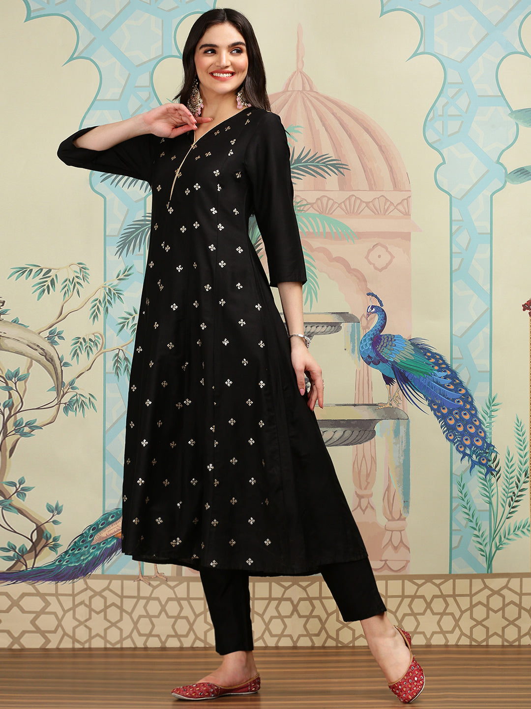 Silk Blend Zari Embroidered Black A-Line Kurta Set with Straight Bottom and Printed Brocade Dupatta