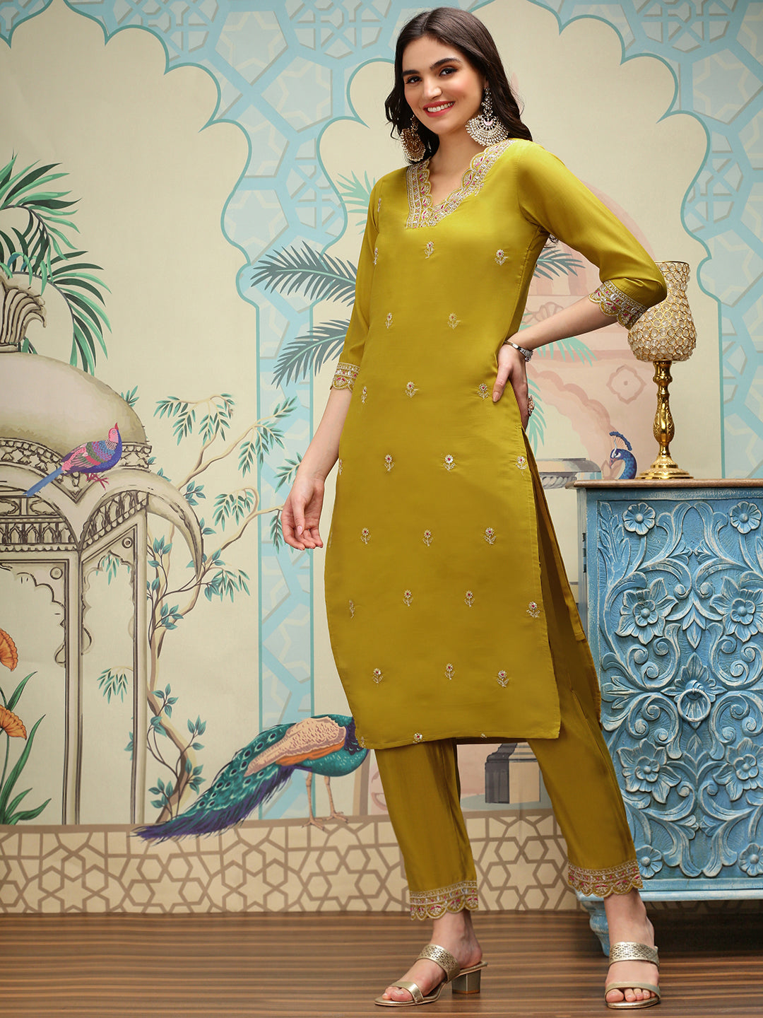 Yellow Floral Embroidered Thread Work Straight Kurta With Trousers & With Dupatta