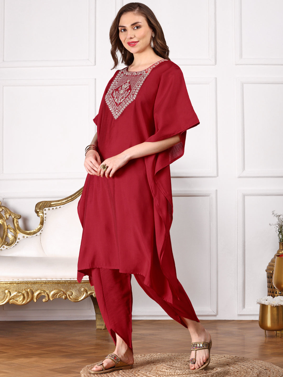 Red Floral Yoke Design Thread Work Kimono Sleeve Kaftan Kurta with Dhoti Pants