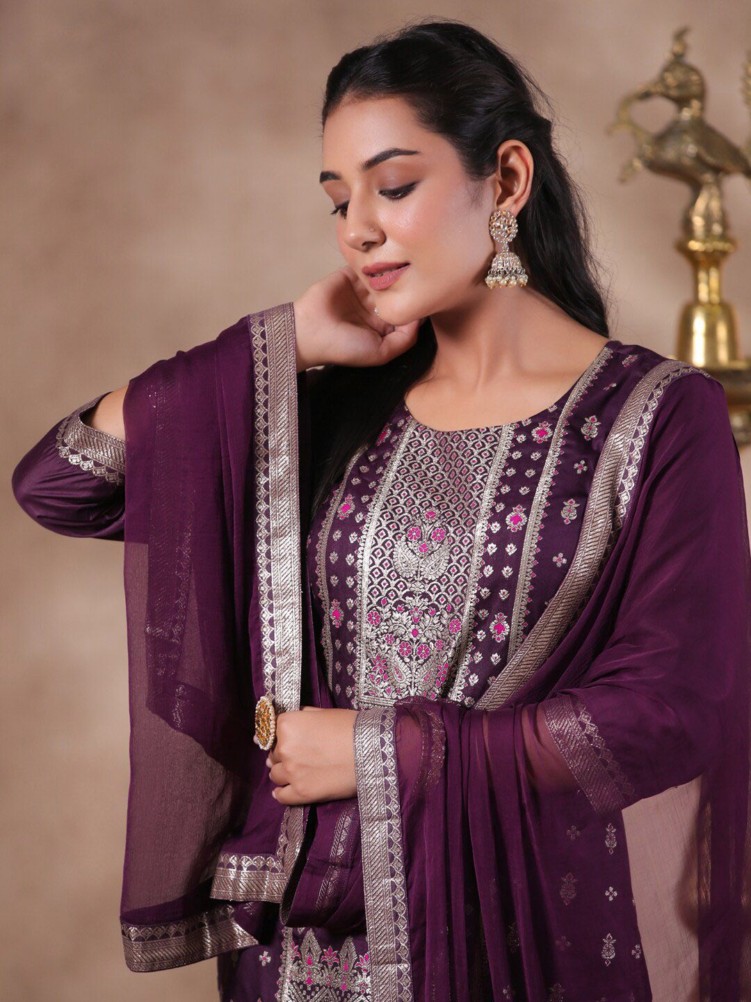 Rich Purple Poly Silk Woven Ethnic Motif Kurta Set with Straight Bottom and Sheer Voile Dupatta