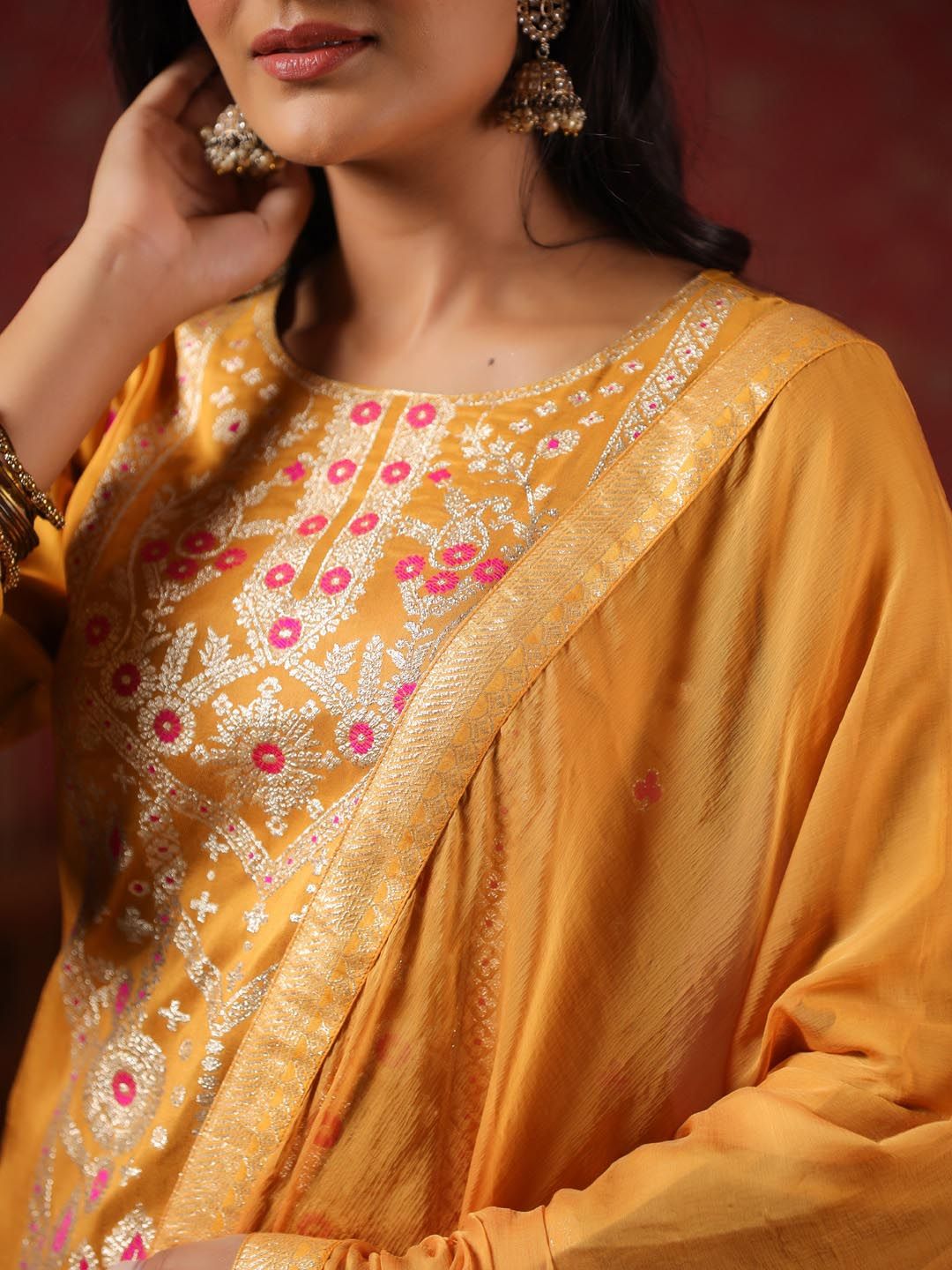 Rich Mustard Poly Silk Foil Printed Kurta Set with Straight Bottom and Sheer Voile Dupatta