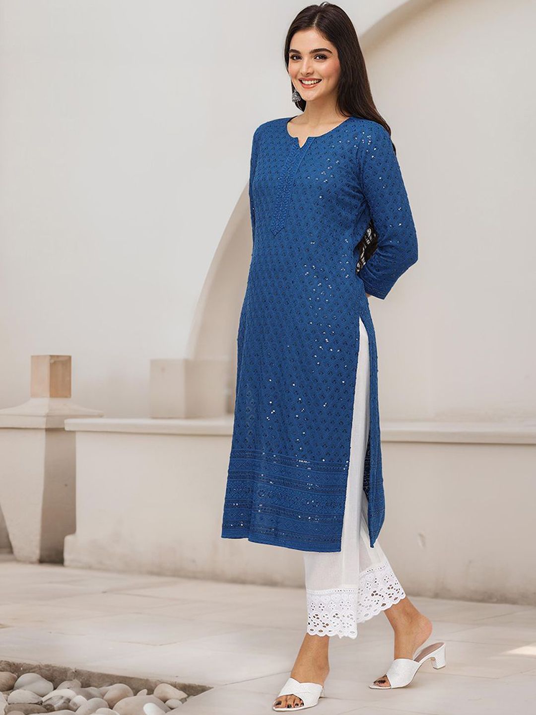 Rich Teal Blue Viscose Rayon Sequined Embroidered Kurta Set with Straight Bottom