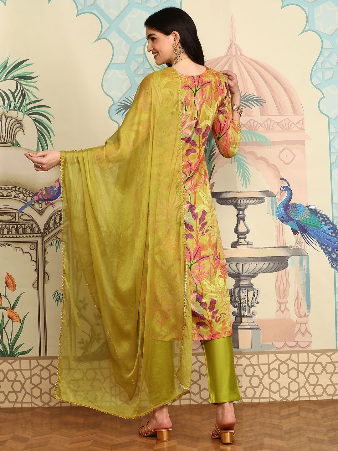 Soft Yellow Floral Printed Kurta Set with Straight Bottom and Sheer Dupatta