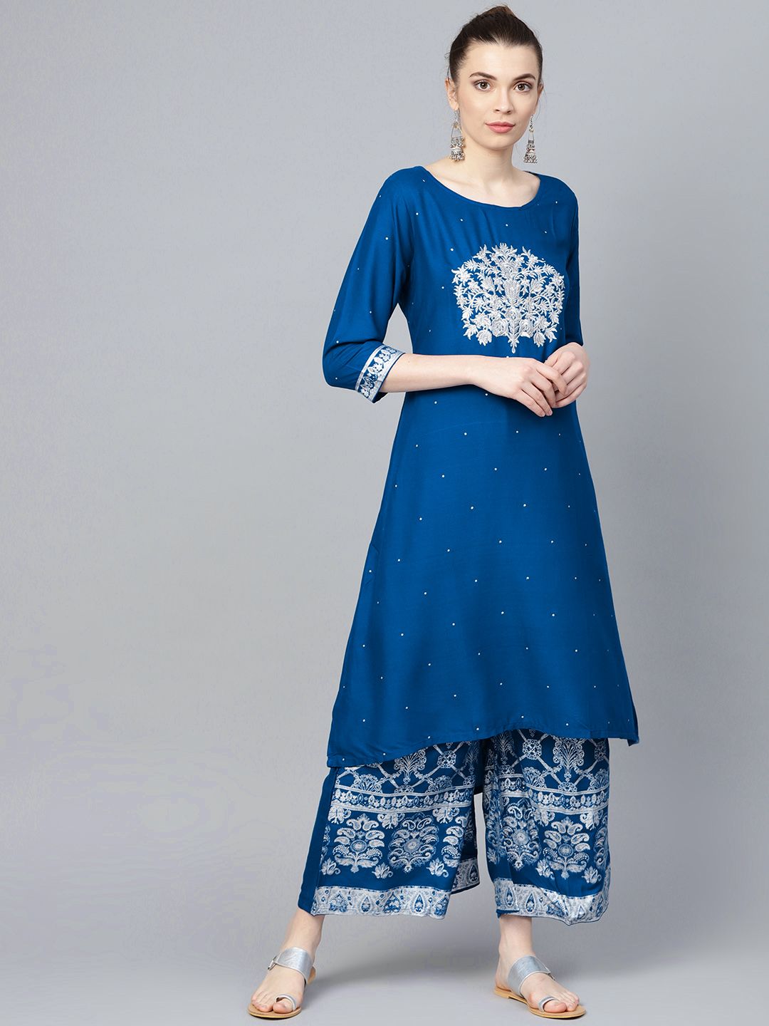 Rich Blue Rayon Zari Embroidered A-Line Kurta Set with Printed Palazzo Bottom