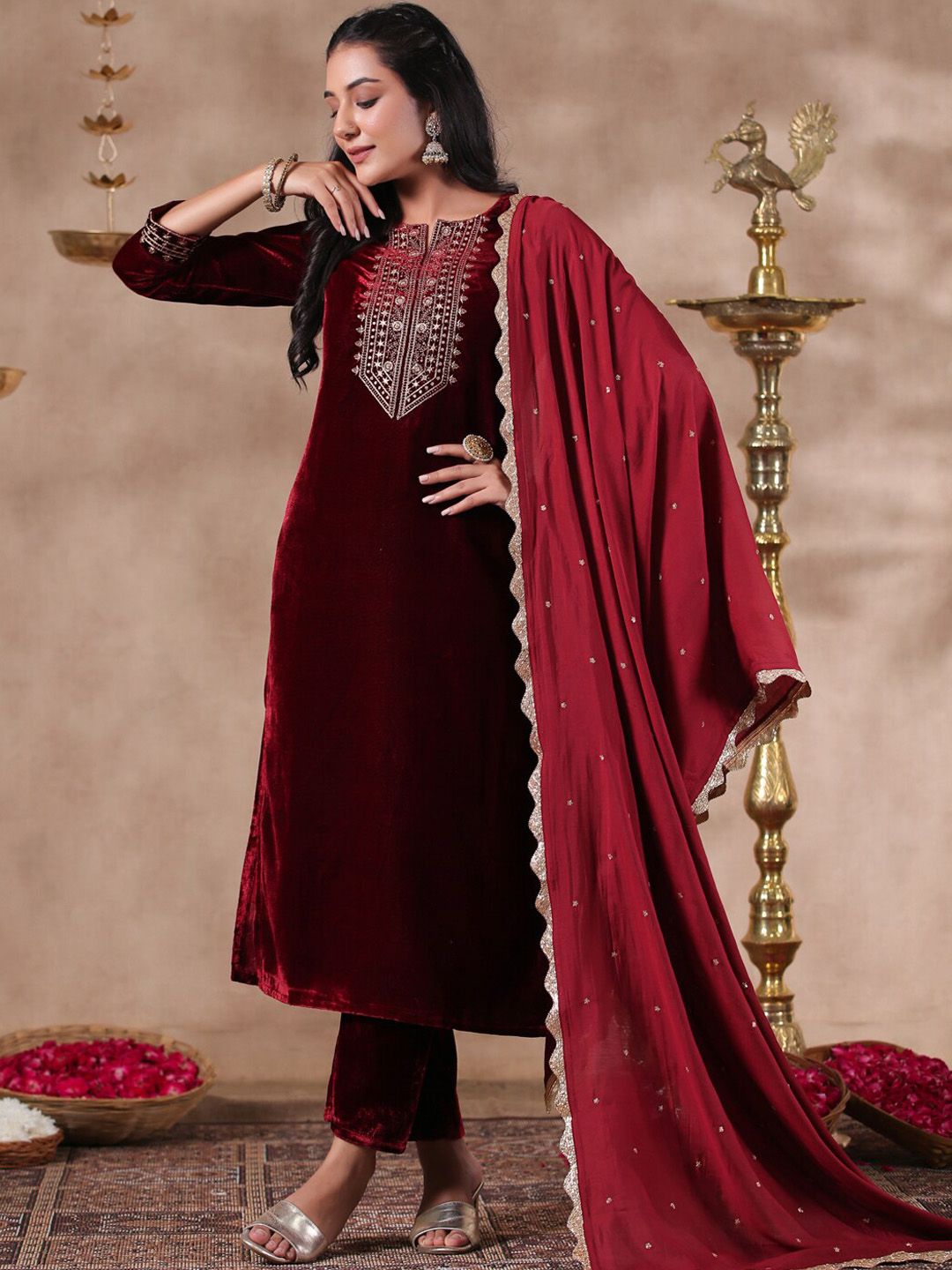 Rich Maroon Velvet Zari Embroidered Kurta Set with Sheer Voile Scalloped Lace Dupatta