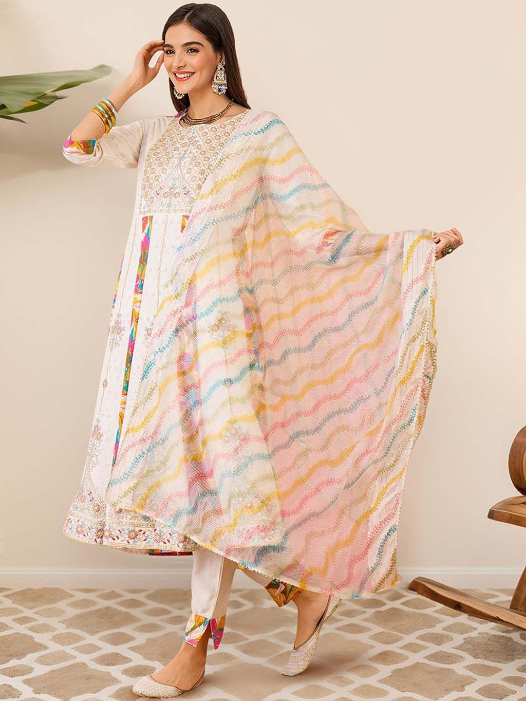 Soft Cotton Blend White Zari Embroidered A-Line Kurta Set with Straight Bottom And Sheer Net Printed Dupatta