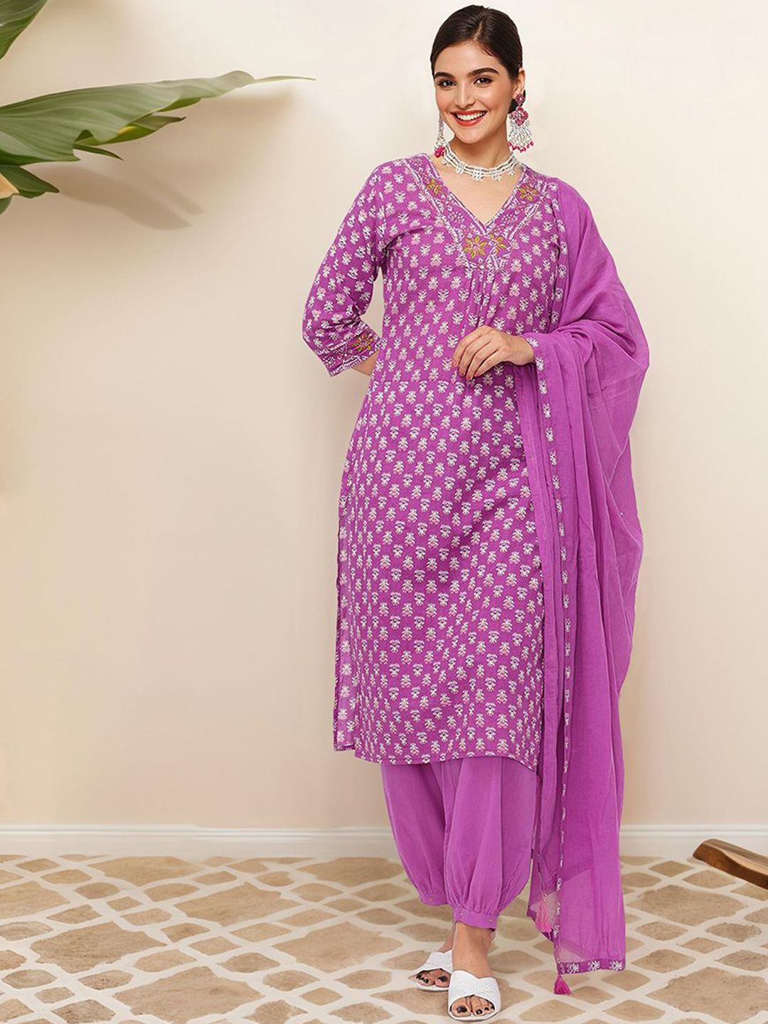 Soft Cotton Lavender Printed A-Line Kurta Set with Straight Bottom and Flowy Printed Cotton Dupatta