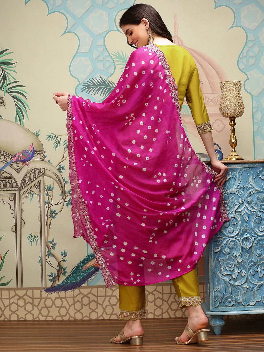 Yellow Floral Embroidered Thread Work Straight Kurta With Trousers & With Dupatta