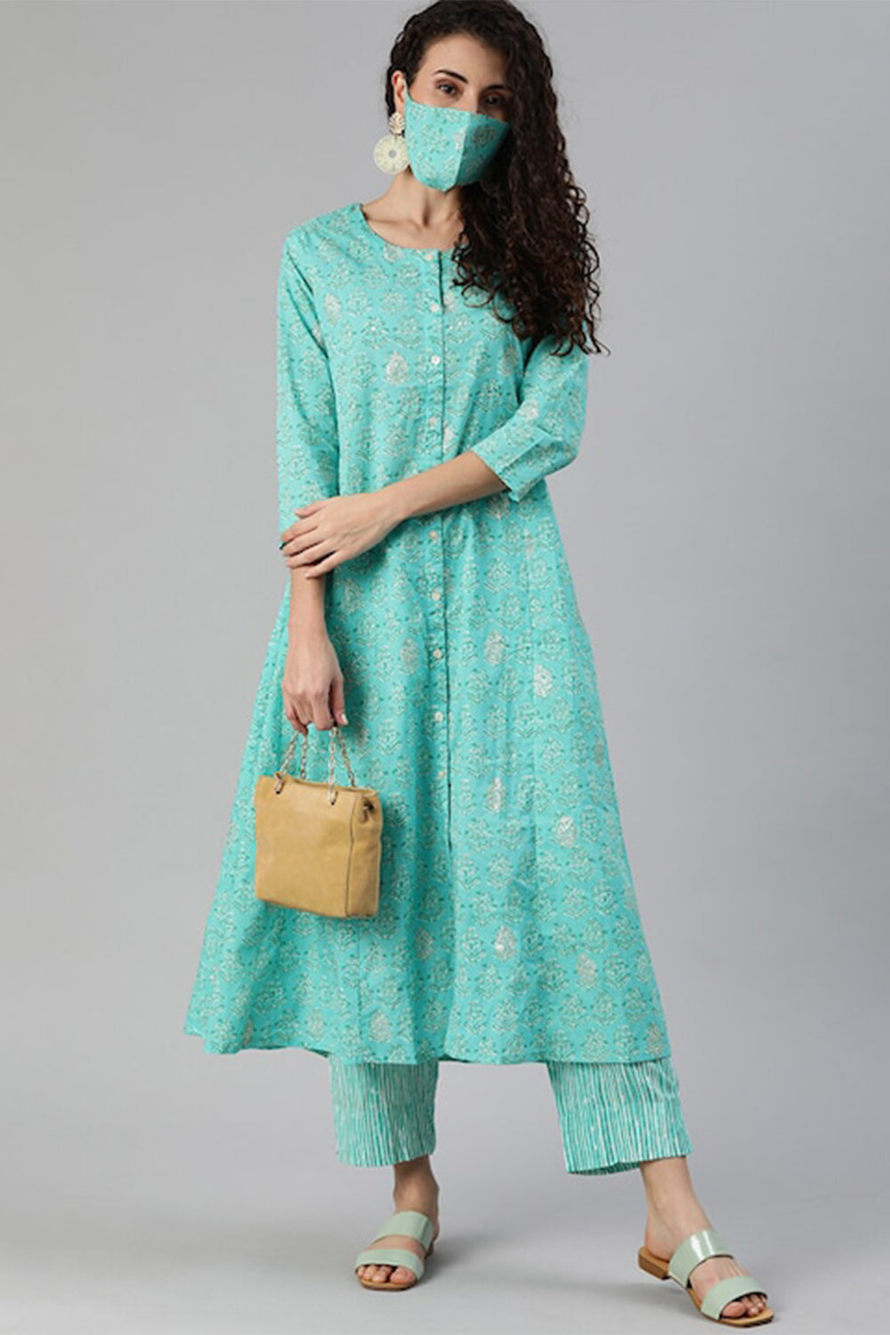 Ishin Women Turquoise Blue White Printed Sequinned A-line Kurta Set