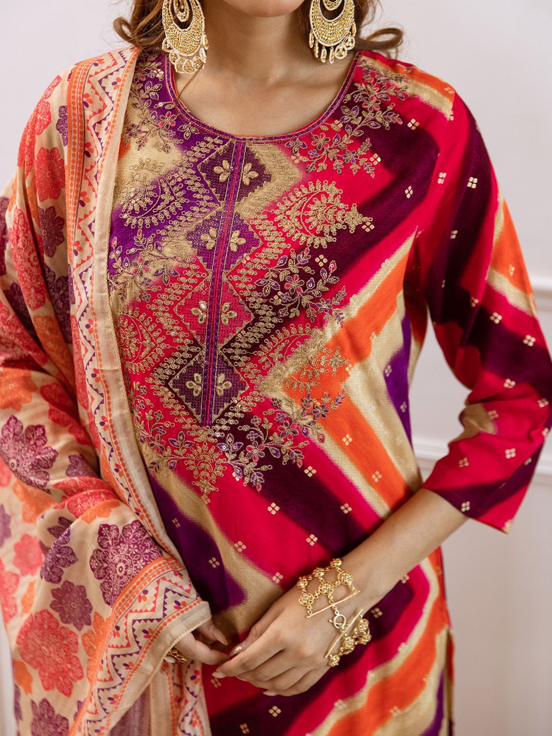 Rich Pink Rayon Zari Embroidered Straight Fit Kurta Set With Straight Bottom & Soft Printed Dupatta