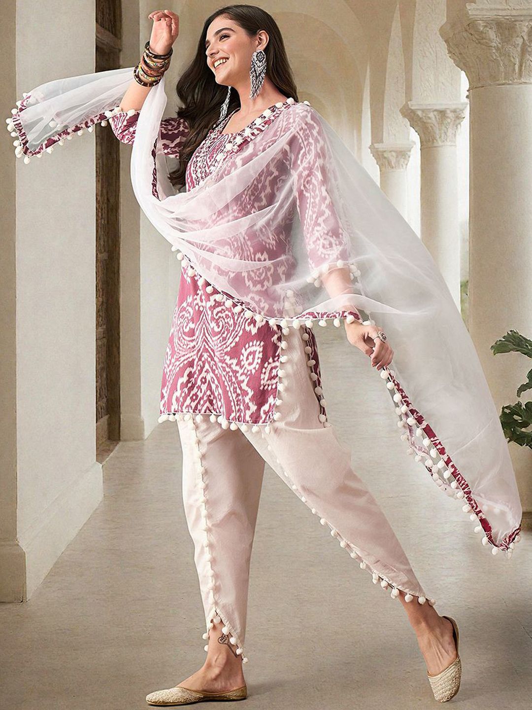 Rich Fuchsia Mirror Work A-Line Kurta Set With Dhoti Bottom & Tassel Detailed Dupatta