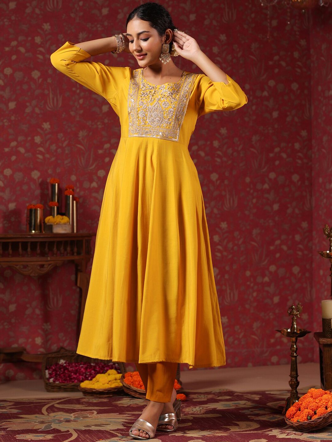 Rich Mustard Poly Silk Embroidered Anarkali Kurta with Straight Bottom and Sheer Voile Dupatta