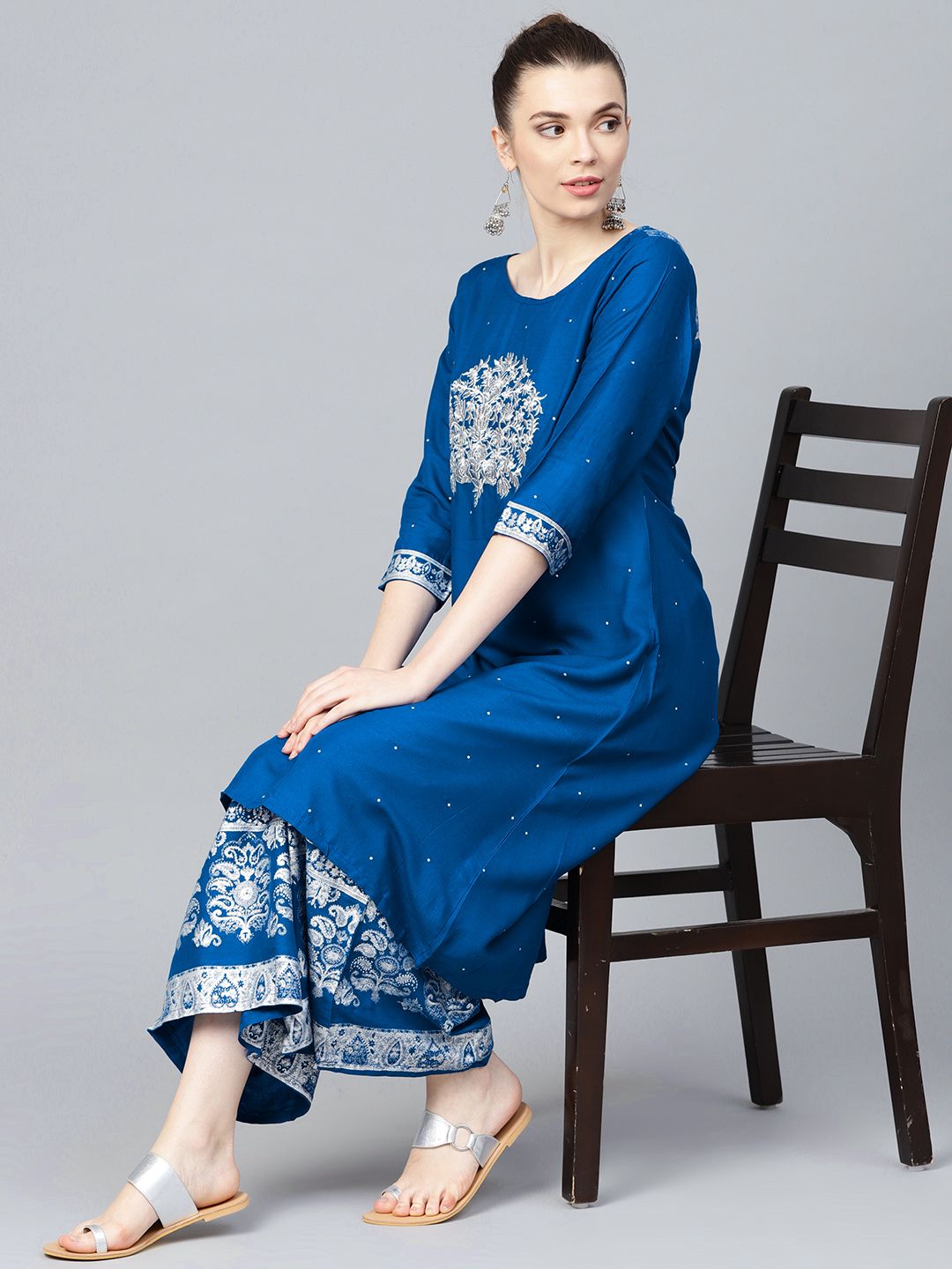 Rich Blue Rayon Zari Embroidered A-Line Kurta Set with Printed Palazzo Bottom