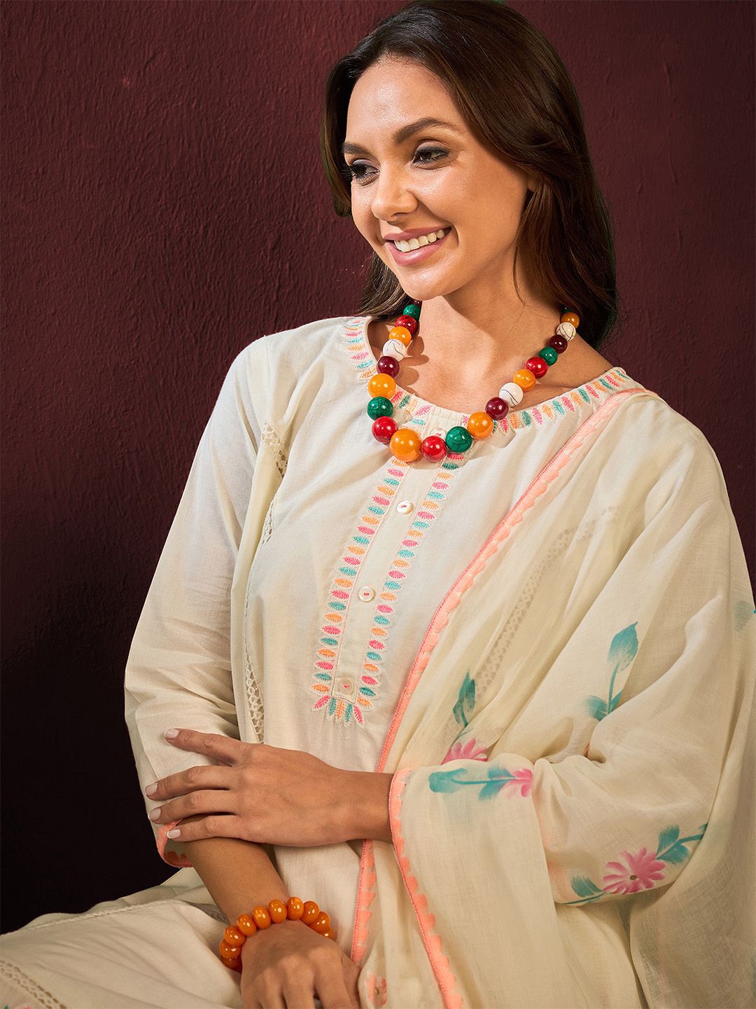 Graceful Cotton Off-white Floral Printed  Angrakha Kurta with Straight Bottom and Cotton Printed Dupatta