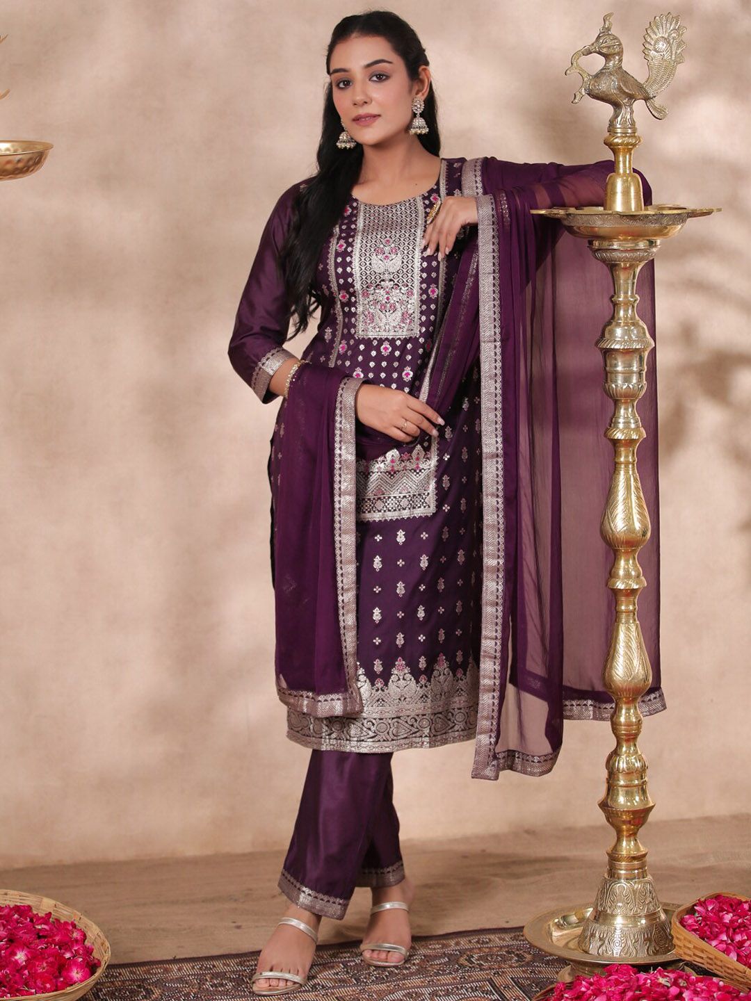 Rich Purple Poly Silk Woven Ethnic Motif Kurta Set with Straight Bottom and Sheer Voile Dupatta