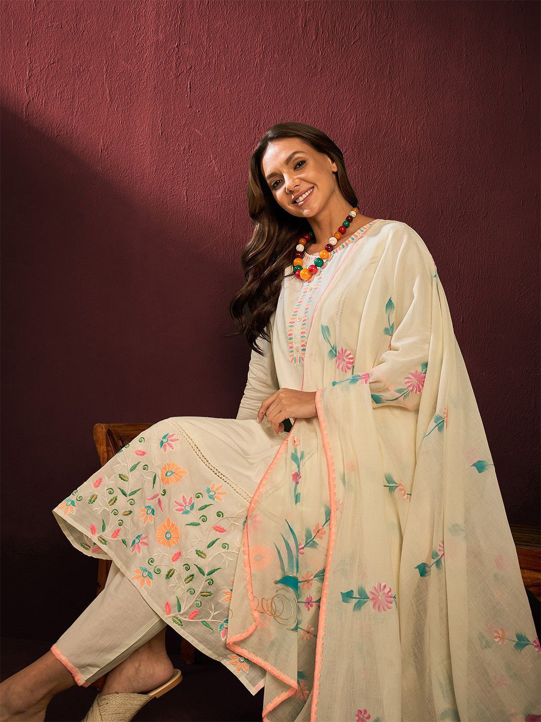 Graceful Cotton Off-white Floral Printed  Angrakha Kurta with Straight Bottom and Cotton Printed Dupatta