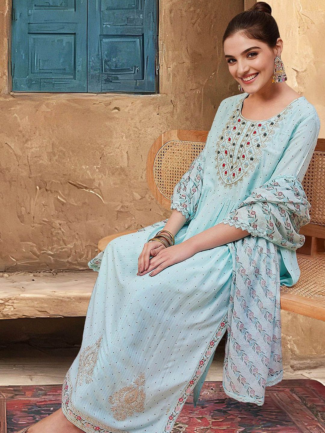 Rich Blue Rayon Dobby Embroidered Straight Fit Kurta Set With Straight Bottom & Printed Dupatta