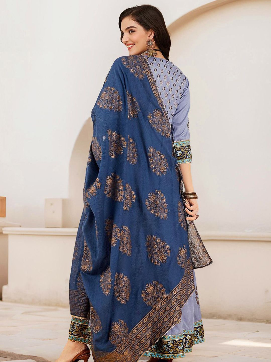 Rich Cotton Blue Ethnic Printed A-Line Dress with gold Foil Printed Dupatta