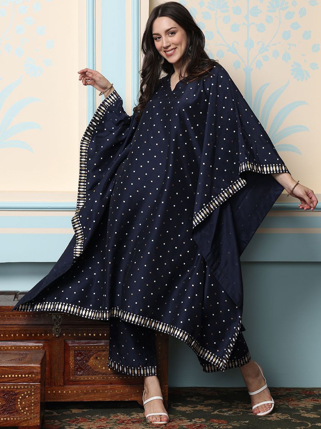 Rich Navy Blue Polyester Polka Dot Printed Kaftan Kurta Set with Straight Bottom