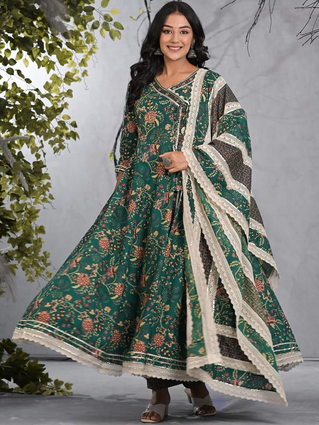 Graceful Cotton Green Floral Printed  Angrakha Kurta with Straight Bottom and Cotton Printed Dupatta