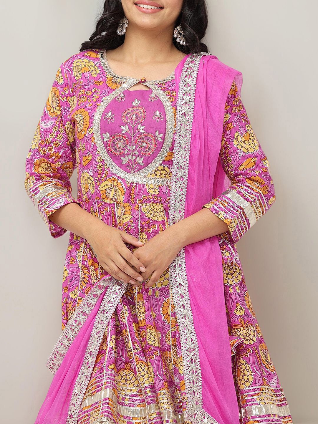 Soft Pure Cotton Pink Floral Printed Gotta Patti A-Line Kurta Set with Sharara Bottom & Soft Chiffon Dupatta