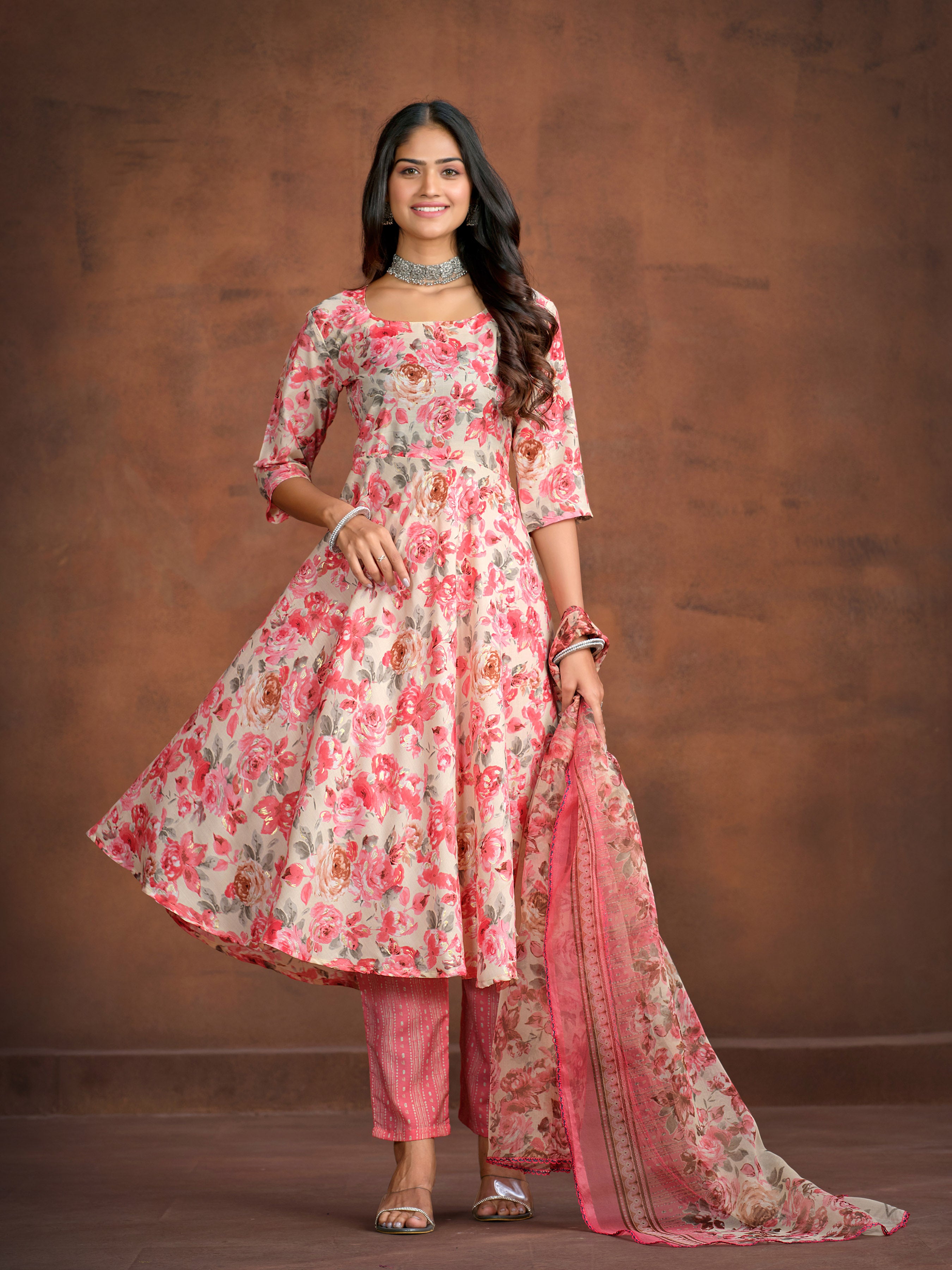 Floral Printed A-line Kurta with Trousers & Printed Dupatta