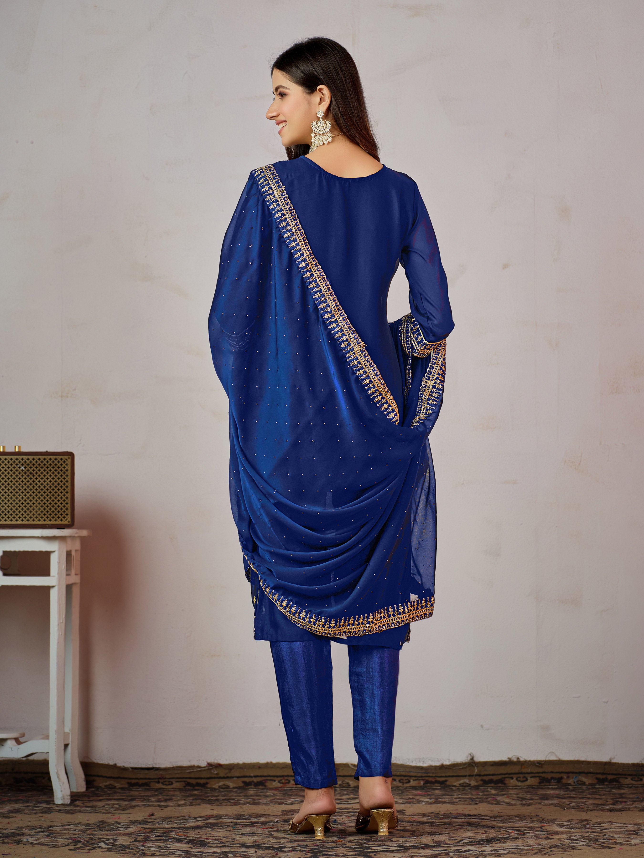 Yoke Ethnic Embroidered Straight Kurta with Trousers & Dupatta