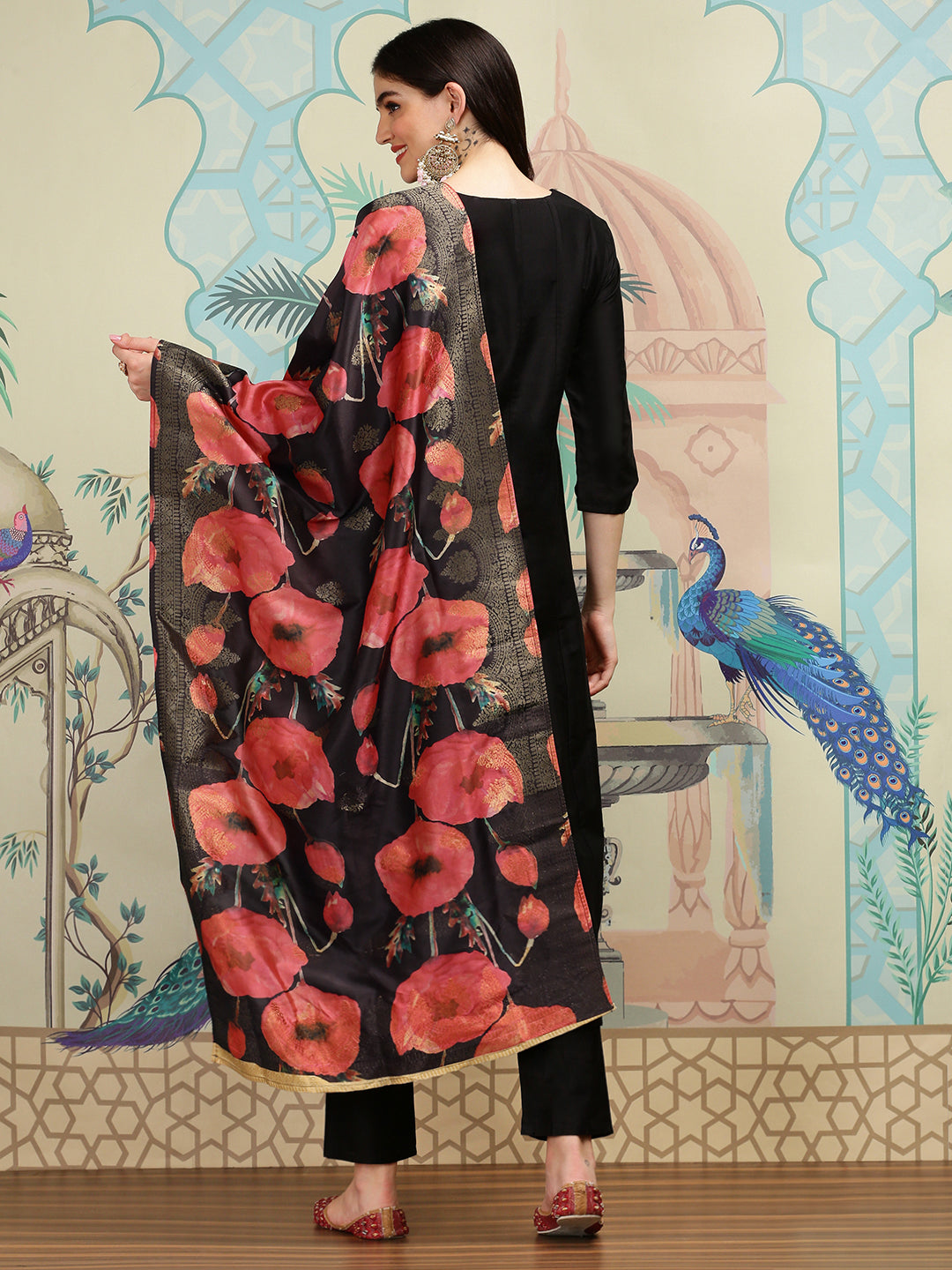 Silk Blend Zari Embroidered Black A-Line Kurta Set with Straight Bottom and Printed Brocade Dupatta