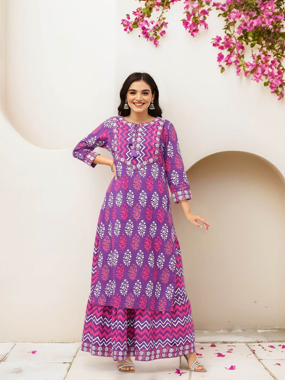 Soft Pure Cotton Lavender and off white Polka Dot Printed A-Line Kurta Set with Straight Bottom and Cotton Dupatta