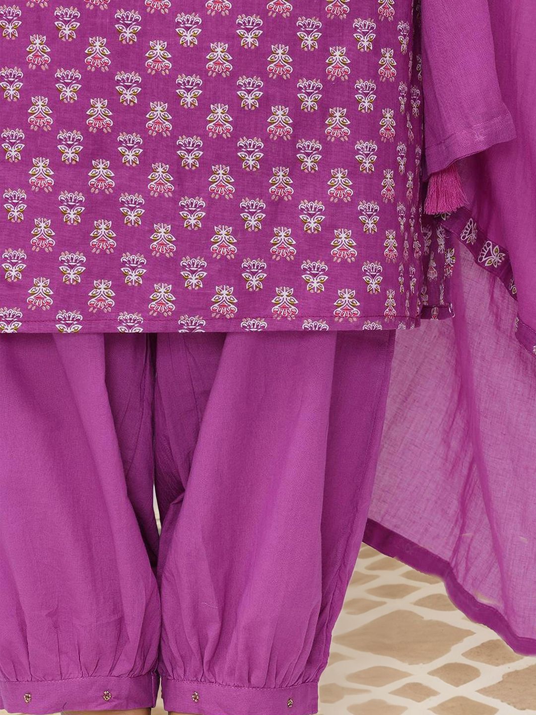 Soft Cotton Lavender Printed A-Line Kurta Set with Straight Bottom and Flowy Printed Cotton Dupatta