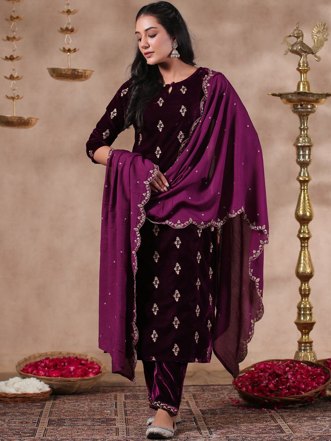 Purple Velvet Zari Embroidered Kurta with Straight Bottom and Sheer Scalloped Lace Dupatta