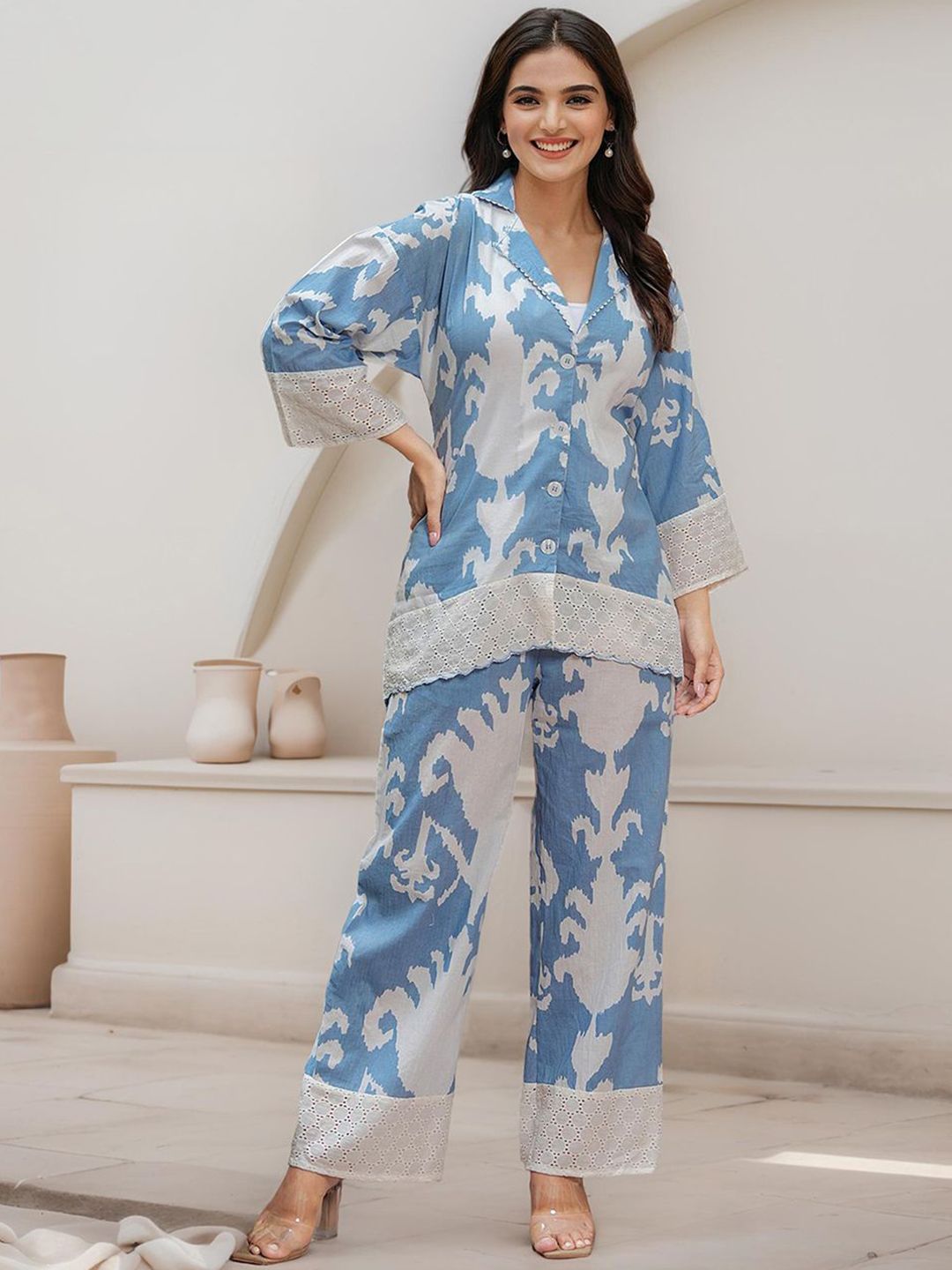 Comfy Cotton Blue Abstract Print Co-ord Set with Lace Detailing