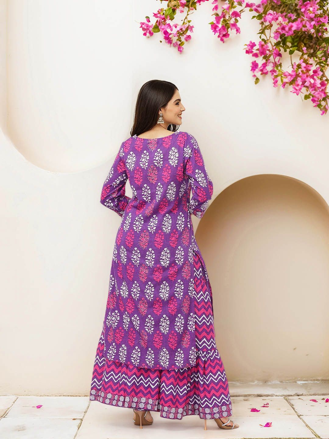 Soft Pure Cotton Lavender and off white Polka Dot Printed A-Line Kurta Set with Straight Bottom and Cotton Dupatta