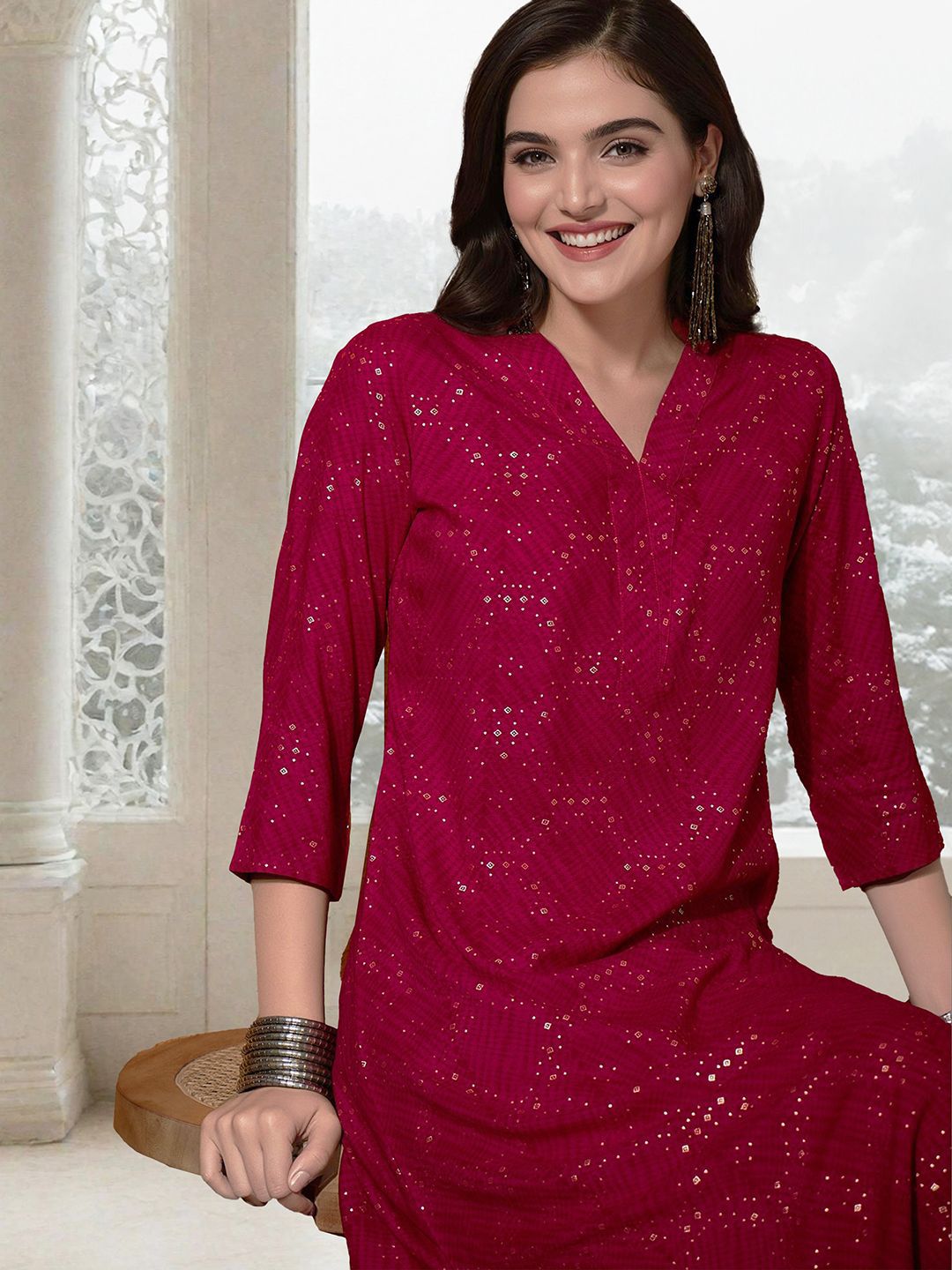 Rich Pink Rayon Sequinned Straight Fit Kurta Set With Straight Bottom