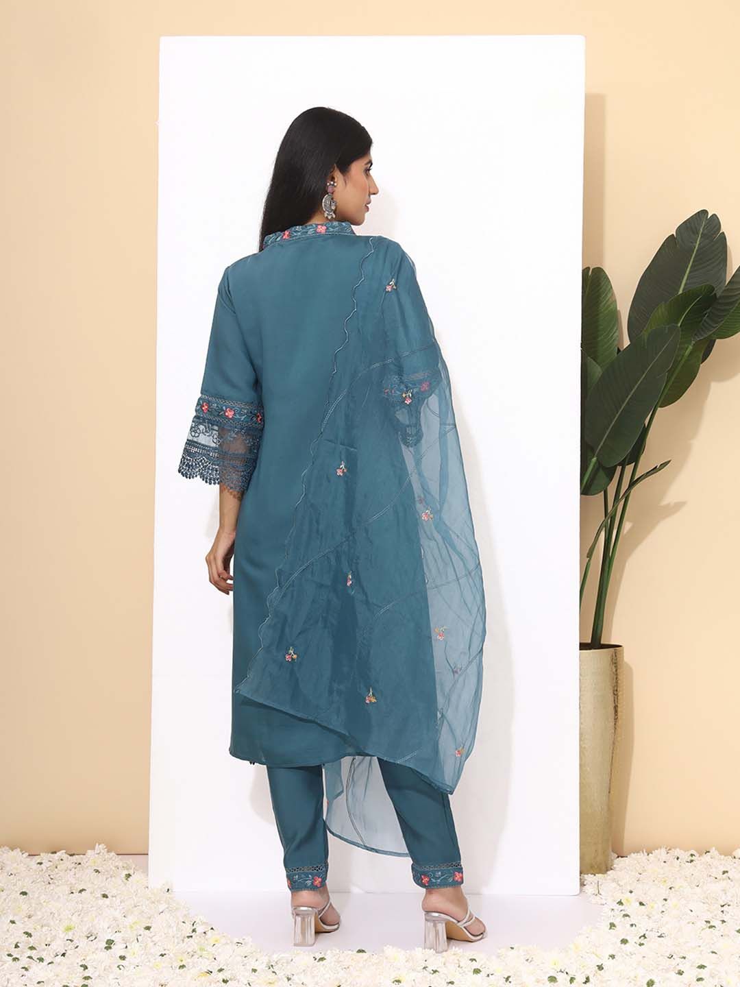 Soft Blue Cotton Floral Embroidered Kurta Set with Straight Bottom and Scalloped Organza Dupatta