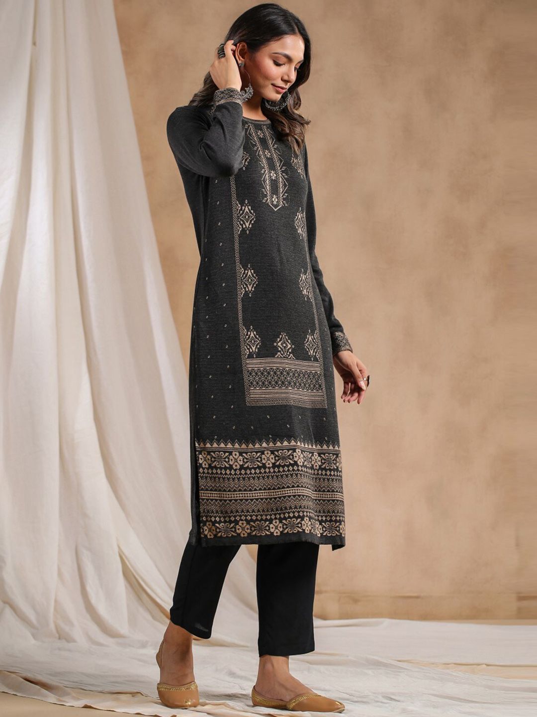 Warm Charcoal Acrylic Ethnic Motif Printed Kurta Set with Jacquard Knitted Design and Straight Bottom