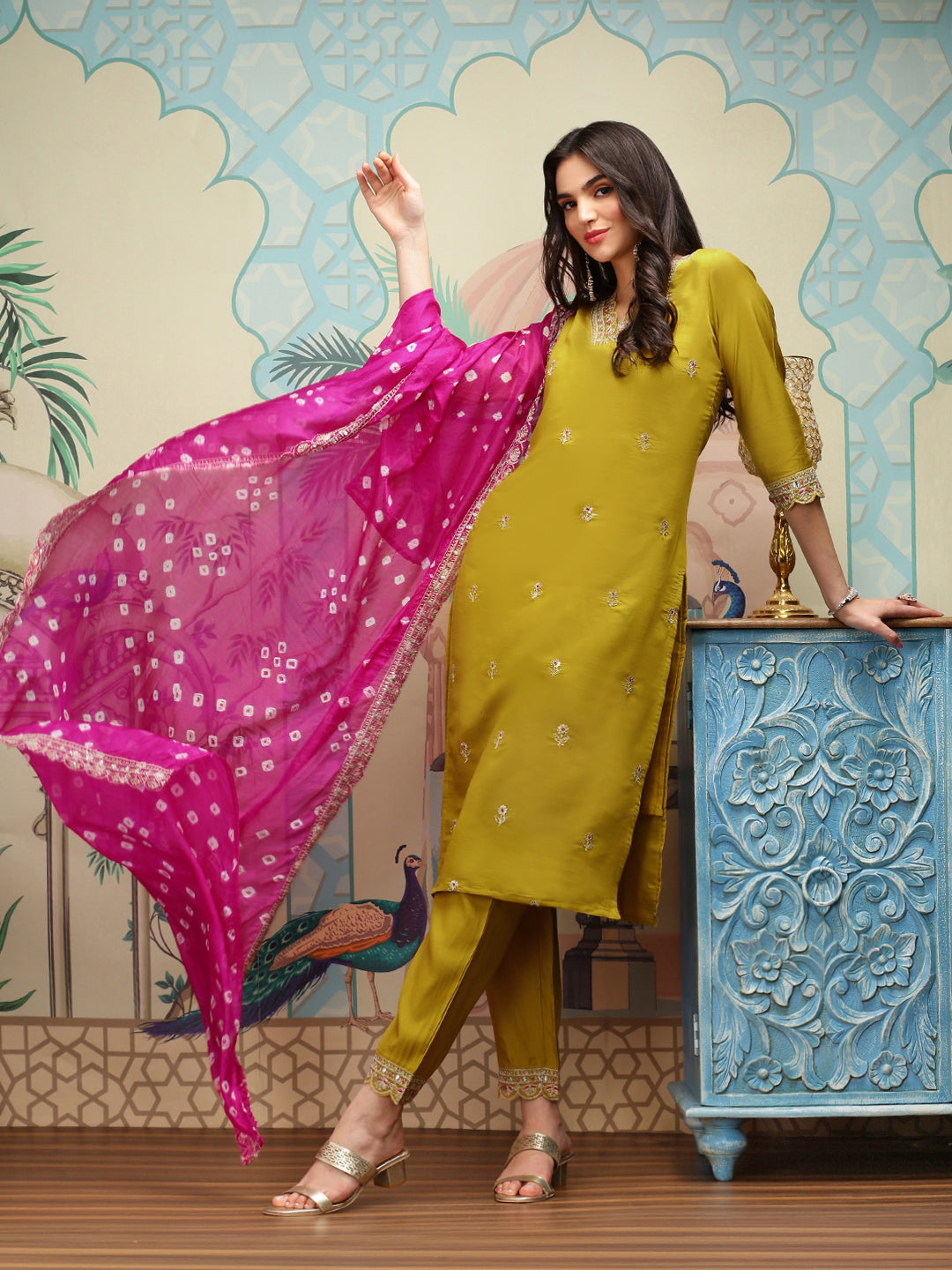 Yellow Floral Embroidered Thread Work Straight Kurta With Trousers & With Dupatta