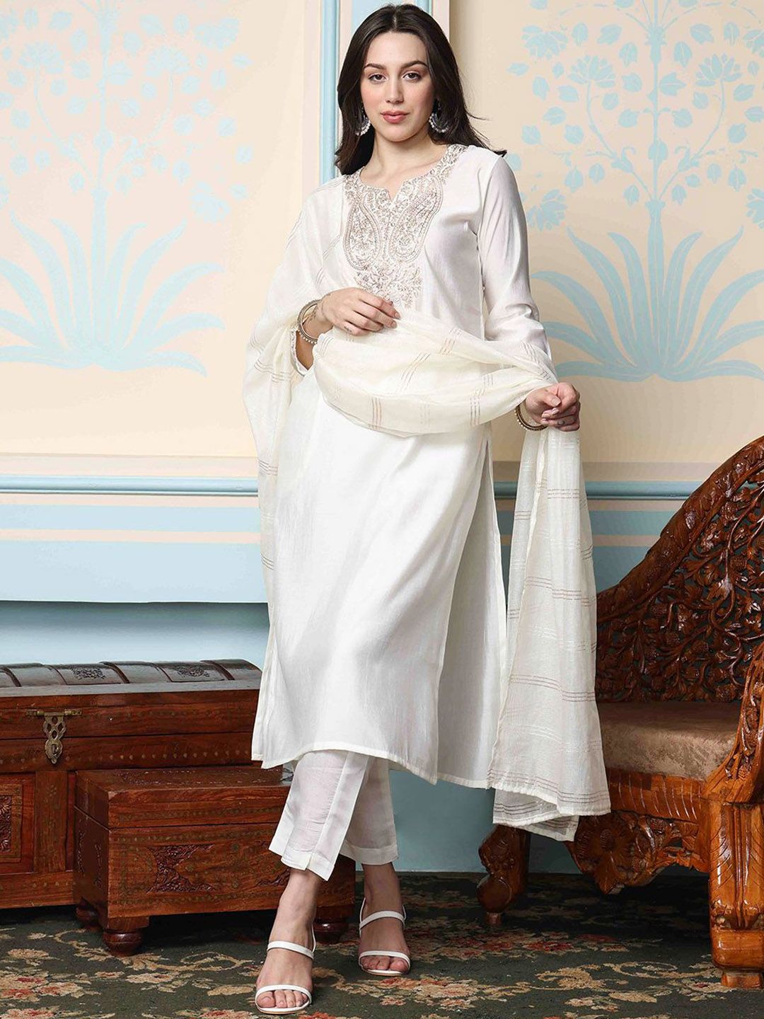 Comfy White Poly Silk Zari Embroidered Kurta Set with Straight Bottom and Sheer Poly Silk Dupatta