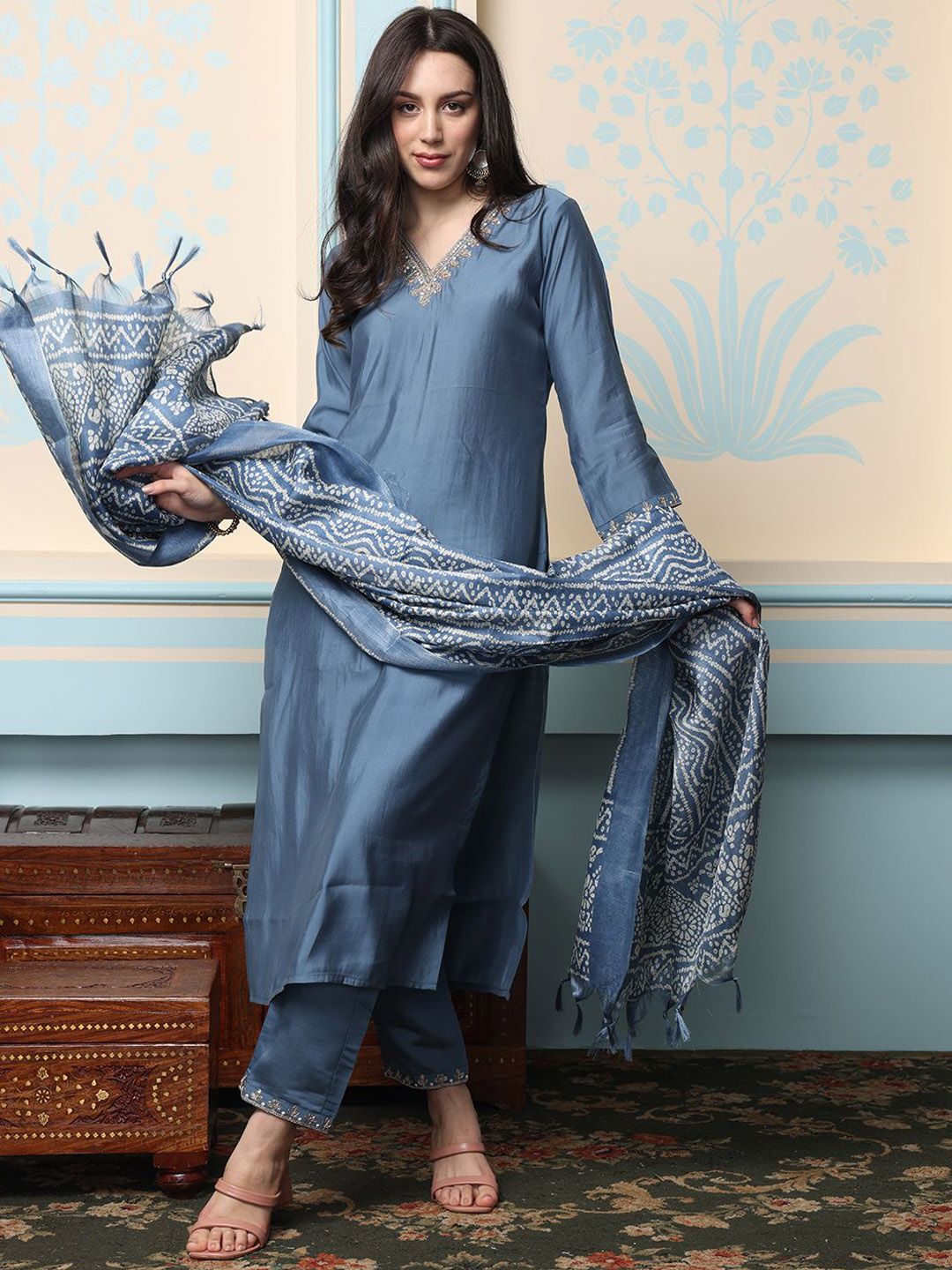 Grey Art Silk Zari Embroidered Kurta Set with Straight Bottom and Flowy Bandhani Printed Dupatta and Tassels