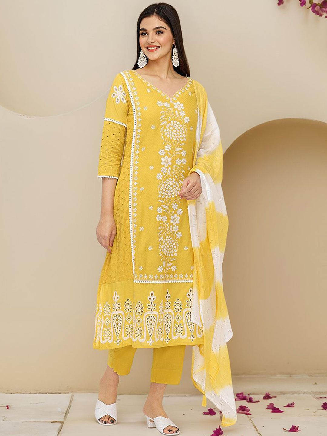 Comfy Mustard Pure Cotton Embroidered Kurta Set with Straight Bottom and Sheer Dyed Chiffon Dupatta